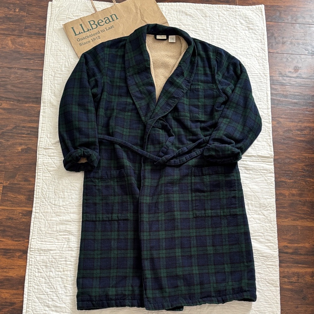 LL Bean Sherpa Lined Flannel Robe